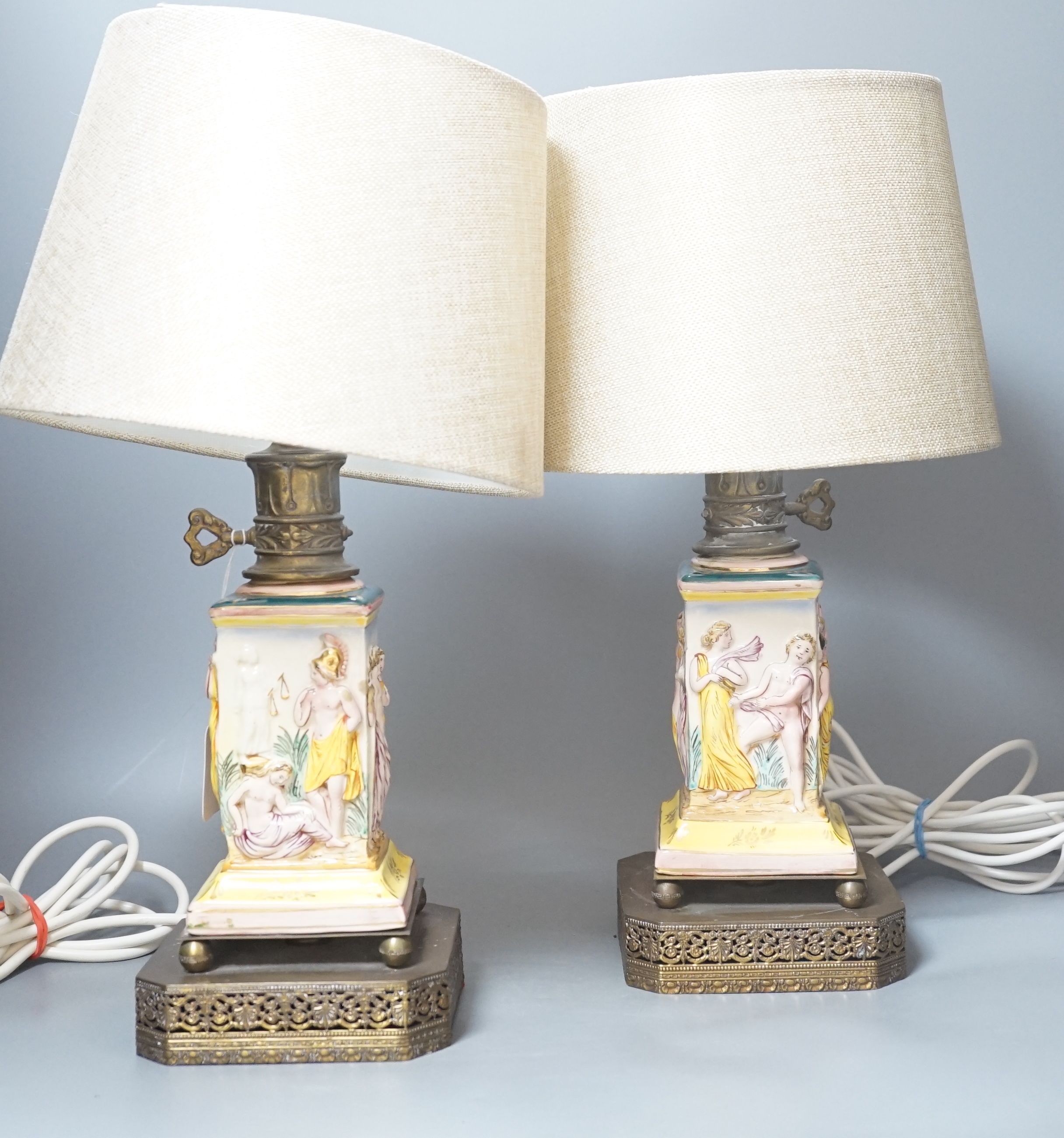 A pair Capodimonte style lamps and shades, 44cm total height 44cm